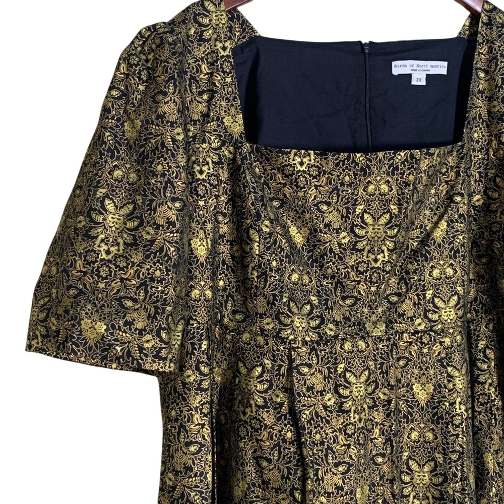 Birds of North America Midi Dress Womens 2X Gold Black Brocade Puff Sleeve New - Picture 4 of 11